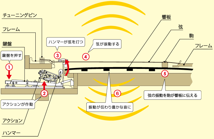 グランドピアノの発音の流れを示す側面図